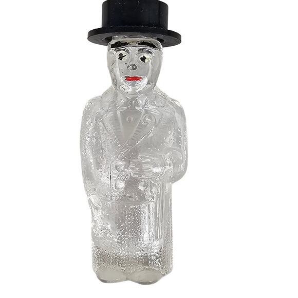 VTG glass perfume bottle man in tophat tux cane flower bouquet 3.5 x 1.5 - Picture 1 of 7